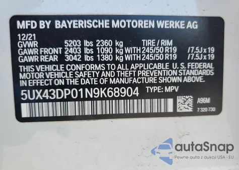 2022 BMW X3 Sdrive30I z USA, uszkodzony, nr VIN 5UX43DP01N9K68904